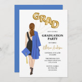 Blue Vrouw Graduation Party Invitation Kaart (Voorkant / Achterkant)