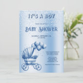 Blue Wandelwagen Baby shower Invitation Kaart (Staand voorkant)