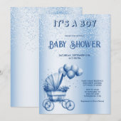 Blue Wandelwagen Baby shower Invitation Kaart (Voorkant / Achterkant)