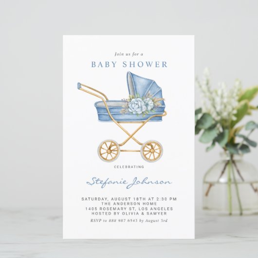 Blue  wandelwagen Baby shower Uitnodiging (Staand voorkant)