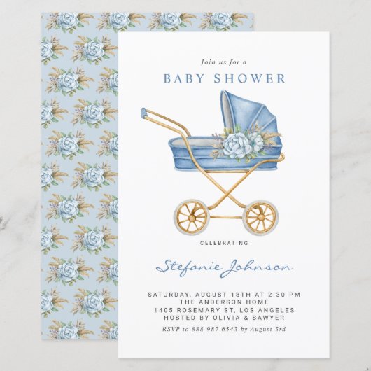 Blue  wandelwagen Baby shower Uitnodiging (Voorkant / Achterkant)