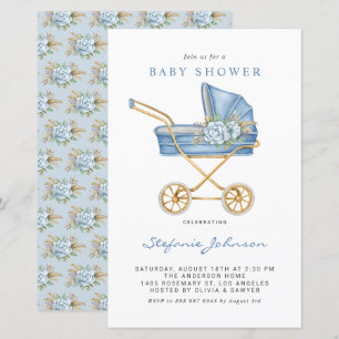 Blue  wandelwagen Baby shower Uitnodiging