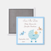 Blue Wandelwagen & Birds Save The Date Baby shower Magneet (Voorkant / Achterkant)