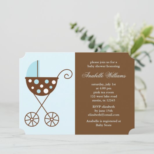 Blue Wandelwagen Boy Baby shower Kaart (Staand voorkant)