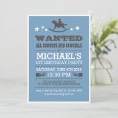 Blue Wanted Western Cowboy Birthday Uitnodiging (Staand voorkant)