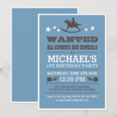 Blue Wanted Western Cowboy Birthday Uitnodiging (Voorkant / Achterkant)