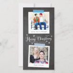 Blue Washi Tape- en Chalkboard-fotoframes Feestdagenkaart<br><div class="desc">Deze stijlvolle vakantiekaart is een budgetvriendelijke keuze en laat u twee van uw favoriete foto's zien in stijl, direct fotoframes met bewerkbare onderschriften. Het ontwerp lijkt erop dat ze op een karton met gepatterde strips papieren washi-tape zijn geplaatst om de kaart een casual en zelfgemaakte, gekleurde, gedenkwaardige vibe te geven....</div>