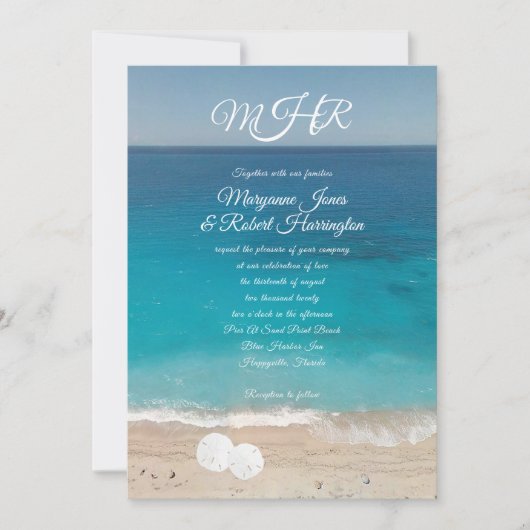 Blue Water Beach Ceremony Wedding Monogram Invites Kaart (Voorkant)