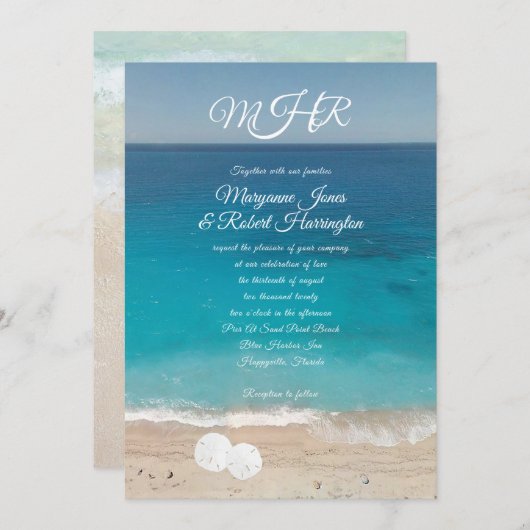 Blue Water Beach Ceremony Wedding Monogram Invites Kaart (Voorkant / Achterkant)