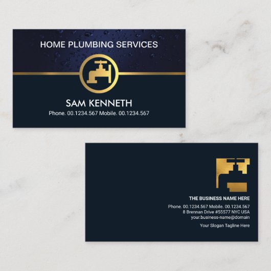 Blue Water Drop Gold Faucet Plumbing Contractor Visitekaartje (Voorkant / Achterkant)