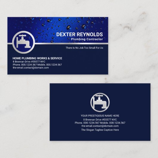 Blue Water Drop Silver Faucet Plumbing Contractor Visitekaartje (Voorkant / Achterkant)