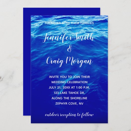 Blue Water Photo Modern Calligraphy Wedding Kaart (Voorkant / Achterkant)