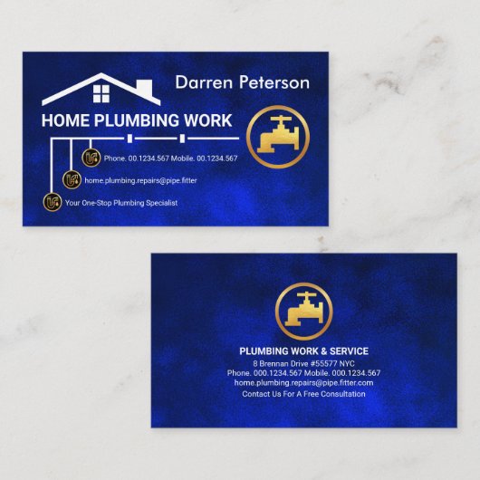 Blue Water Pipe Line Plumber Service Visitekaartje (Voorkant / Achterkant)