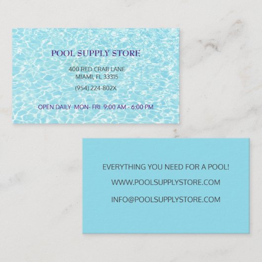 Blue Water Pool voorraad winkel / zwembad reparati Visitekaartje (Voorkant / Achterkant)
