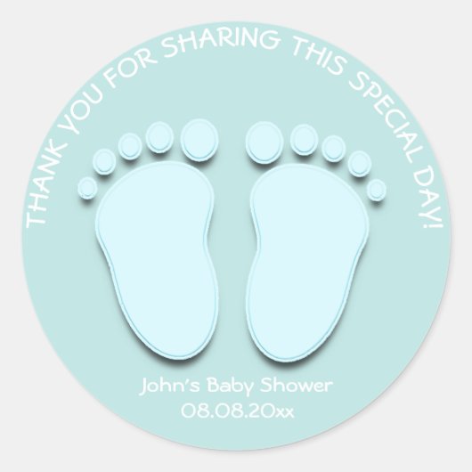 Blue Water Voeten Baby shower Favor Gift Dank Jong Ronde Sticker (Voorkant)
