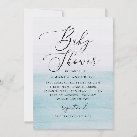 Blue Watercolor Baby Shower | Elegant Coastal Kaart (Voorkant)
