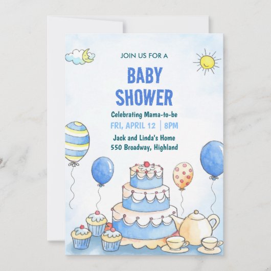 Blue Watercolor Baby Shower Invitation Kaart (Voorkant)
