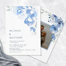 Blue Watercolor Blue Flowers Casual Wedding Folie Uitnodiging