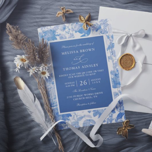 Blue Watercolor Botanical Budget QR Code Wedding Kaart