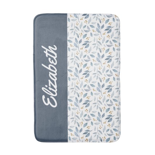 Blue Watercolor Botanical Pattern Custom Name Badmat (Voorkant Verticaal)