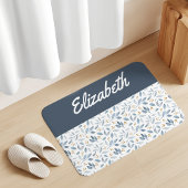 Blue Watercolor Botanical Pattern Custom Name Badmat