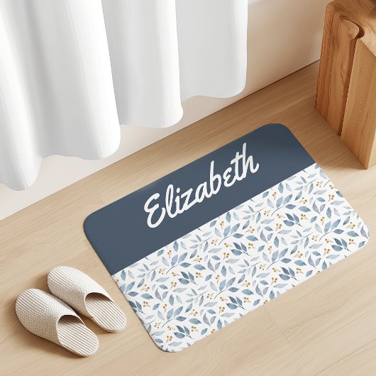 Blue Watercolor Botanical Pattern Custom Name Badmat