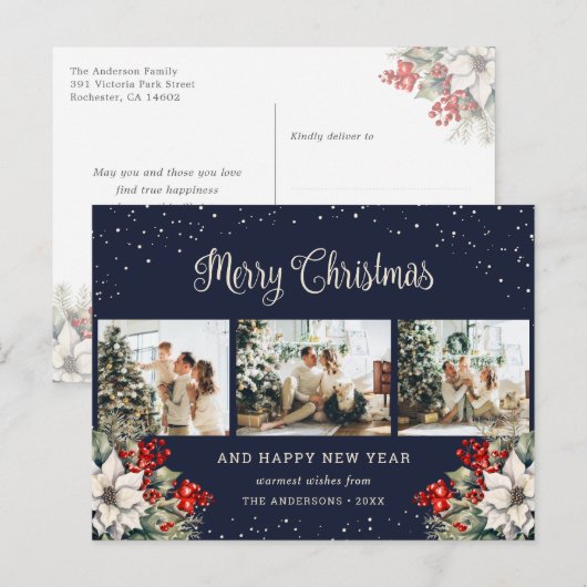 Blue Watercolor Botanical Snow Photo Collage Feestdagenkaart (Voorkant / Achterkant)