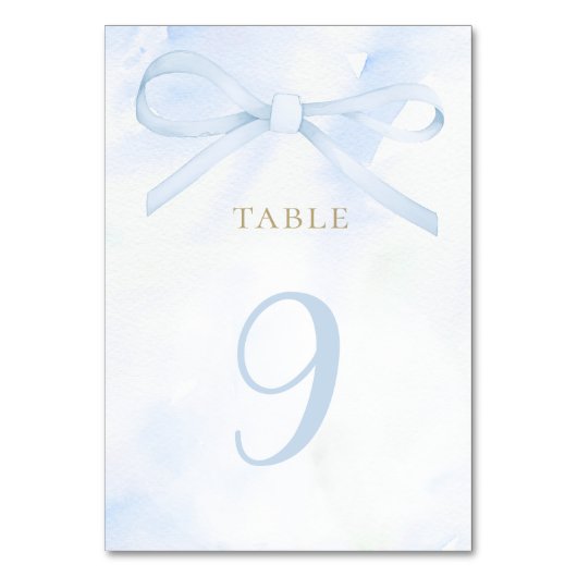  blue watercolor bow table number kaart (Voorkant)