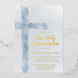blue watercolor cross First Holy Communion Folie Uitnodiging