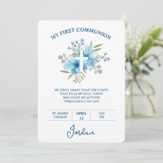 Blue Watercolor Cross First Holy Communion Kaart