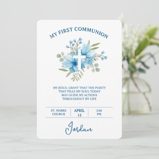 Blue Watercolor Cross First Holy Communion Kaart (Staand voorkant)