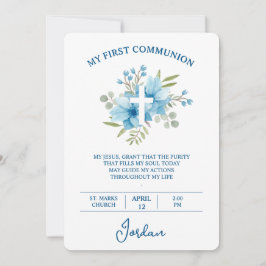 Blue Watercolor Cross First Holy Communion Kaart