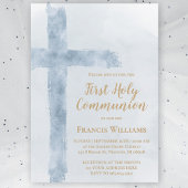 blue watercolor cross First Holy Communion Kaart