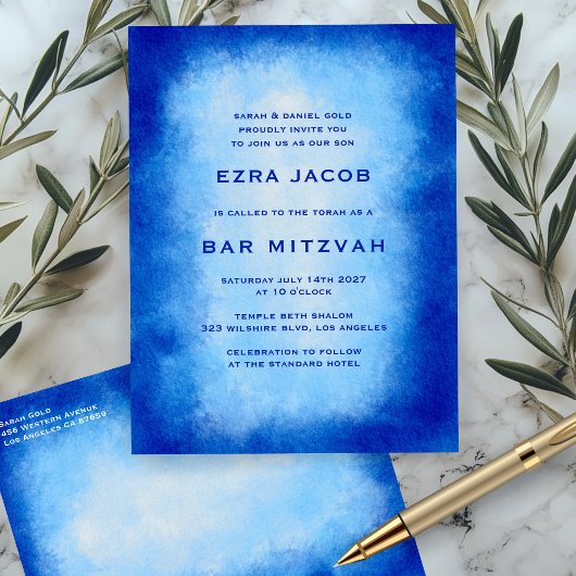 Blue Watercolor Custom  Bar Bat Mitzvah Briefkaart