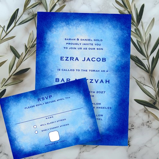 Blue Watercolor Custom Bar Bat Mitzvah RSVP Kaartje