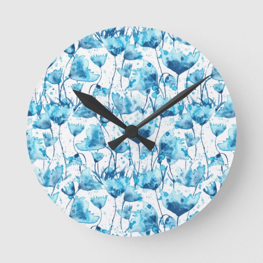 Blue Watercolor Daisies Ronde Klok (Voorkant)