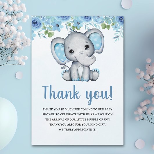 Blue Watercolor Elephant Baby shower Boy Bedankkaart