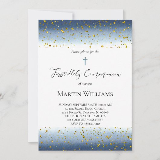  blue watercolor First Communion  Kaart (Voorkant)