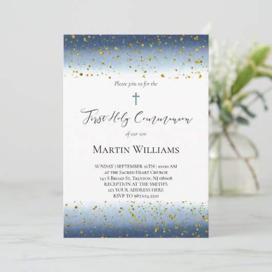blue watercolor First Communion Kaart (Staand voorkant)