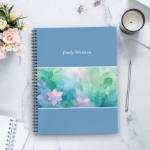Blue Watercolor Floral Custom Name Notebook