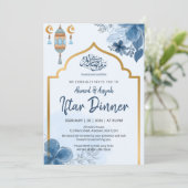 Blue Watercolor Floral Iftar Dinner Ramadan Kaart (Staand voorkant)