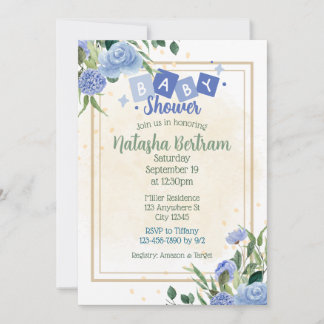 Blue Watercolor Floral Leaves Baby Shower Kaart