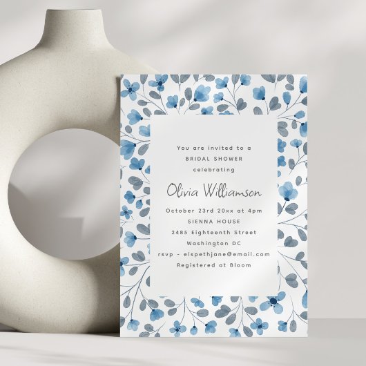 Blue Watercolor Floral Modern Bridal Shower Kaart