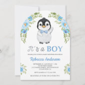 Blue Watercolor Floral Penguin Baby Shower Kaart (Voorkant)