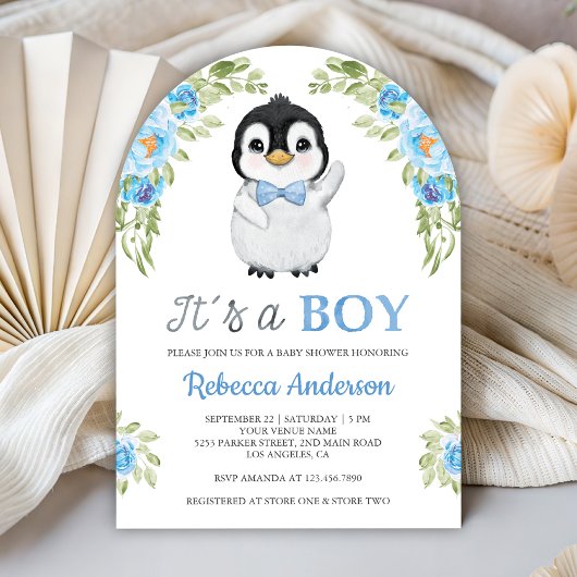Blue Watercolor Floral Penguin Baby Shower Kaart
