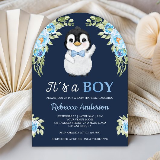 Blue Watercolor Floral Penguin Navy Baby Shower Kaart