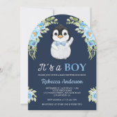 Blue Watercolor Floral Penguin Navy Baby Shower Kaart (Voorkant)