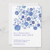Blue Watercolor Floral Wedding Invitation Kaart (Voorkant)