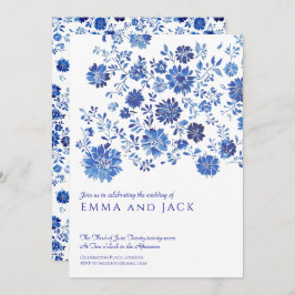 Blue Watercolor Floral Wedding Invitation Kaart