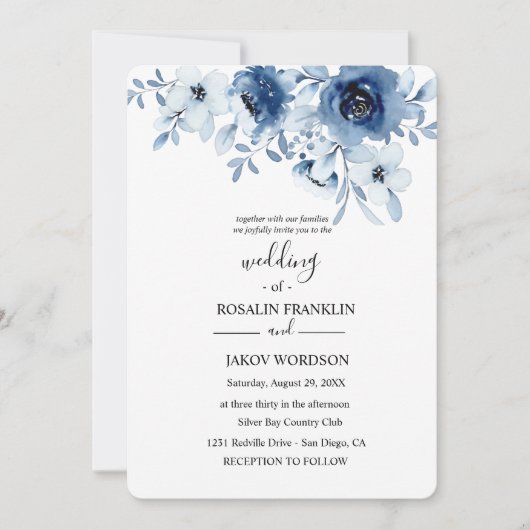 blue watercolor floral wedding Invitation Kaart (Voorkant)